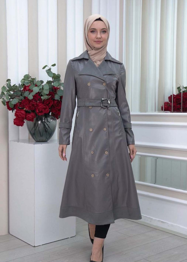 Belted Buttons Leather Trench Coat 1334 Koyu gri