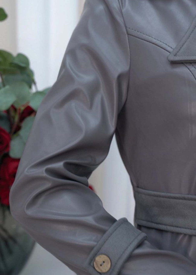 Belted Buttons Leather Trench Coat 1334 Koyu gri
