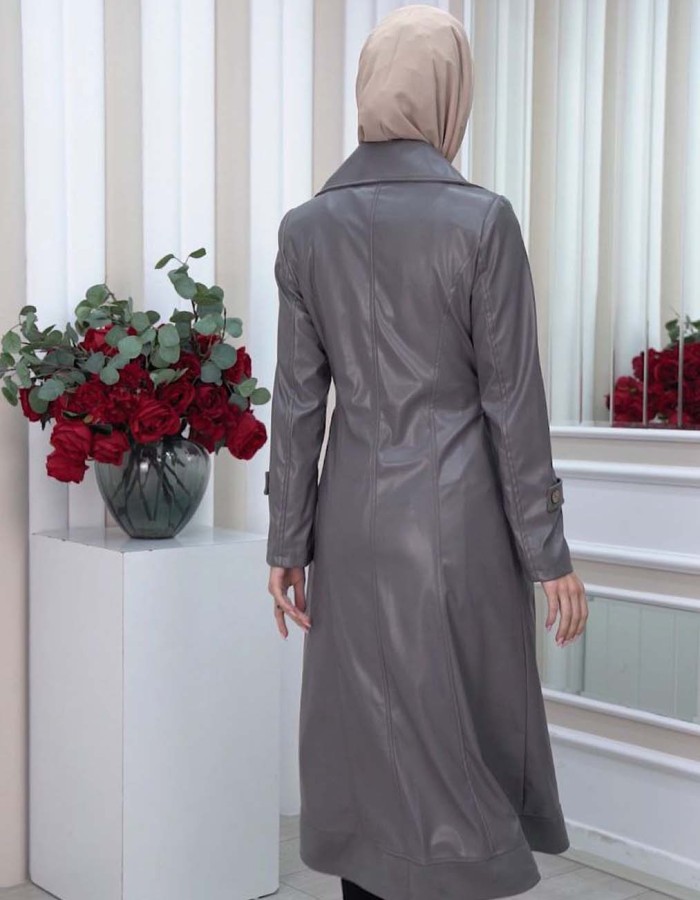 1334 ترانشكوت نسائي جلد مع حزام Koyu gri