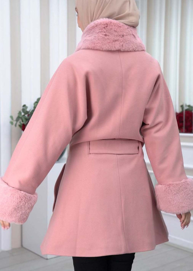 WOMEN'S FURNITURE SHORT COAT WITH FURNITURE Collar and Cuffs 1335 Pembe