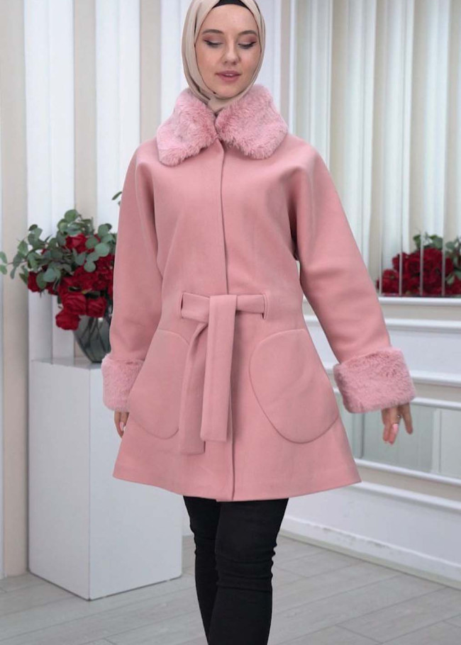 WOMEN'S FURNITURE SHORT COAT WITH FURNITURE Collar and Cuffs 1335 Pembe