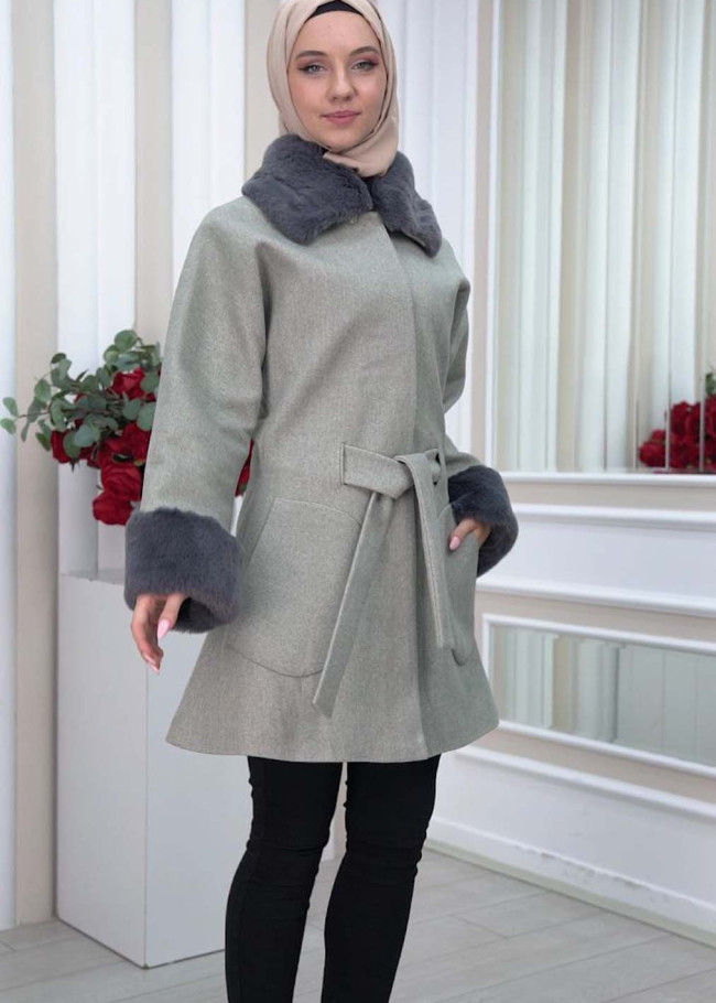 WOMEN'S FURNITURE SHORT COAT WITH FURNITURE Collar and Cuffs 1335 Gri