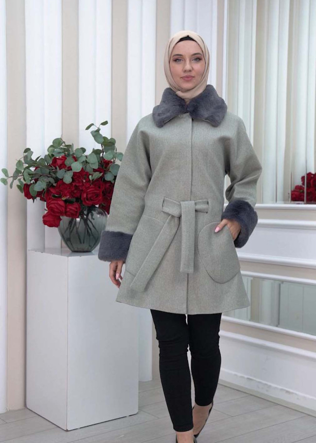 WOMEN'S FURNITURE SHORT COAT WITH FURNITURE Collar and Cuffs 1335 Gri