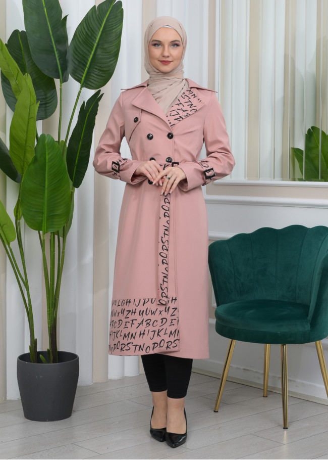 KUŞAKLI PARAŞÜT KADIN KIŞLIK BASKILI TRENÇKOT 1342 Pembe