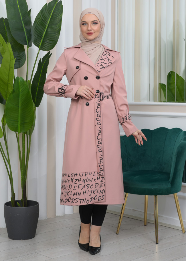 KUŞAKLI PARAŞÜT KADIN KIŞLIK BASKILI TRENÇKOT 1342 Pembe