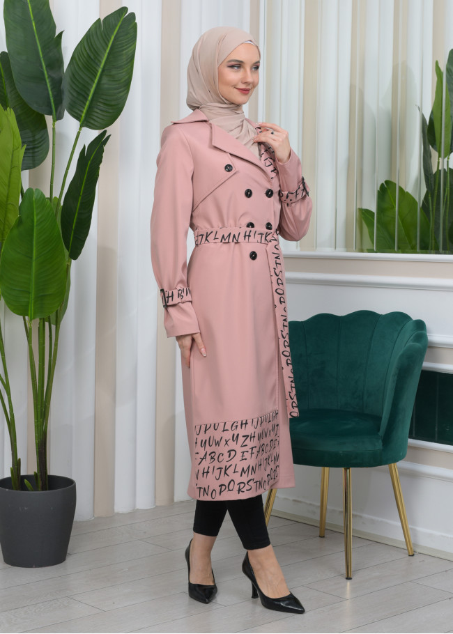 KUŞAKLI PARAŞÜT KADIN KIŞLIK BASKILI TRENÇKOT 1342 Pembe