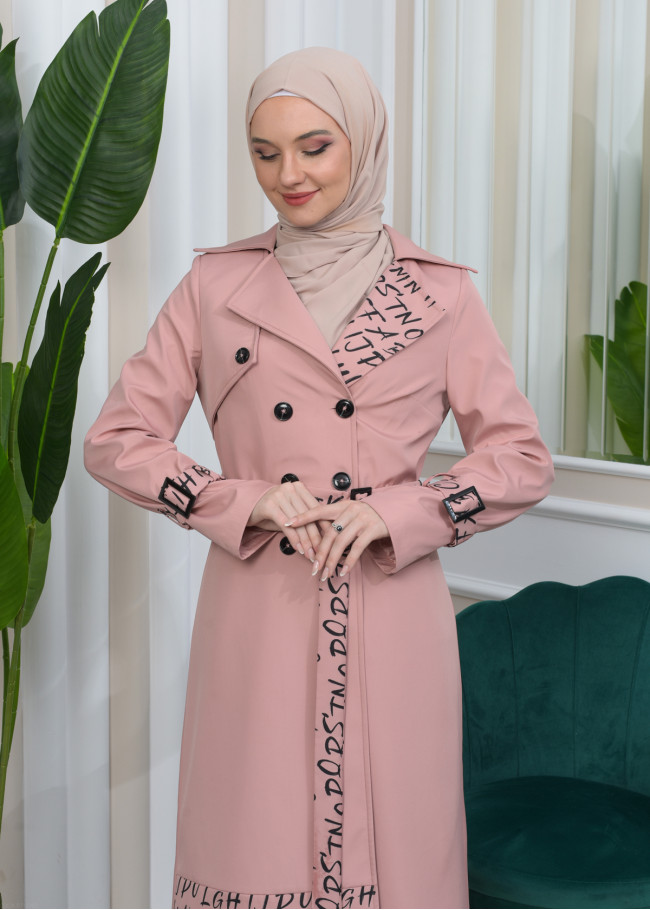 KUŞAKLI PARAŞÜT KADIN KIŞLIK BASKILI TRENÇKOT 1342 Pembe