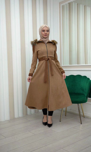 Hooded Fur Detailed Suede Trench Coat 1341 - Beige