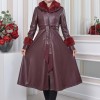 HOODED FUR SLEEVE BELT LEATHER TRENCH COAT 1350 Bordo