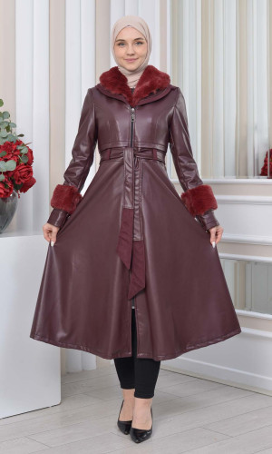 ترانشكوت جلد نسائي شتوي مع كبشون فرو 1350 - خمري