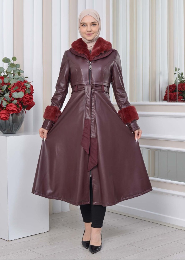 HOODED FUR SLEEVE BELT LEATHER TRENCH COAT 1350 Bordo