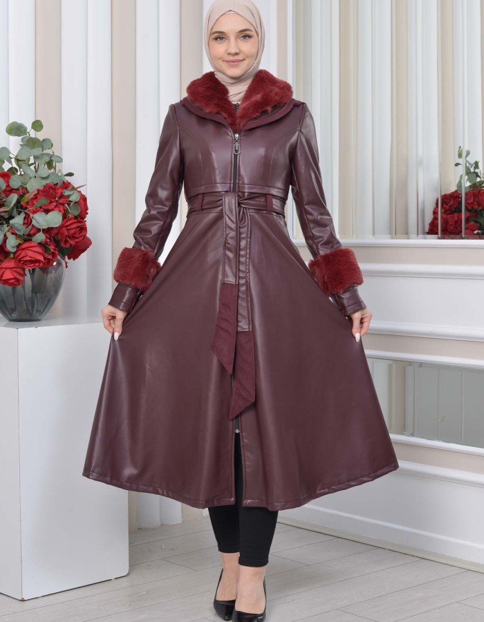 HOODED FUR SLEEVE BELT LEATHER TRENCH COAT 1350 Bordo