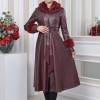 HOODED FUR SLEEVE BELT LEATHER TRENCH COAT 1350 Bordo