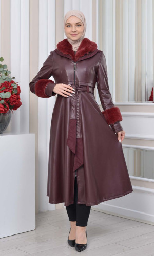 ترانشكوت جلد نسائي شتوي مع كبشون فرو 1350 - خمري