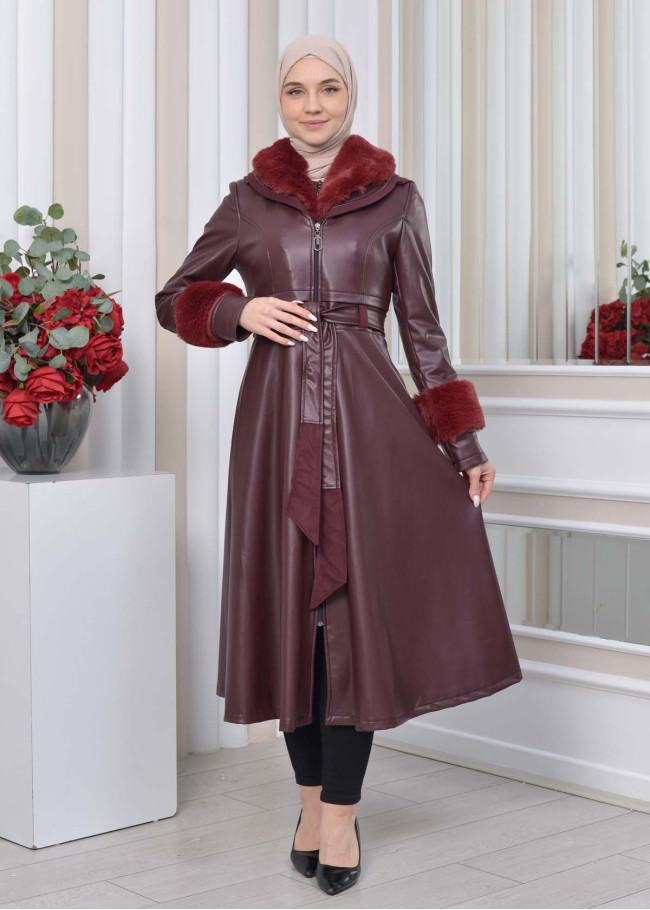 HOODED FUR SLEEVE BELT LEATHER TRENCH COAT 1350 Bordo