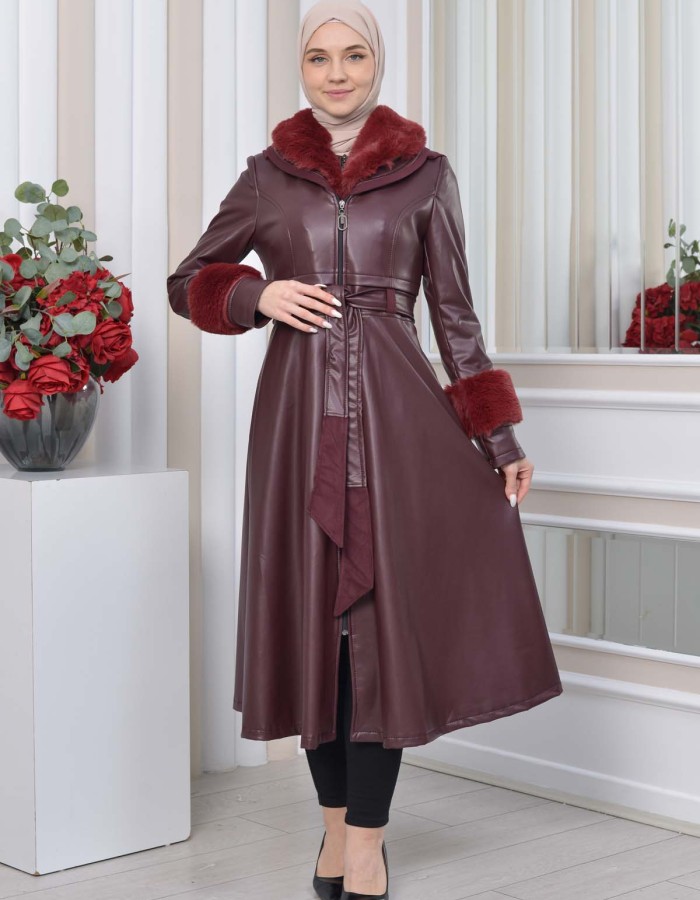 HOODED FUR SLEEVE BELT LEATHER TRENCH COAT 1350 Bordo