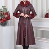 HOODED FUR SLEEVE BELT LEATHER TRENCH COAT 1350 Bordo