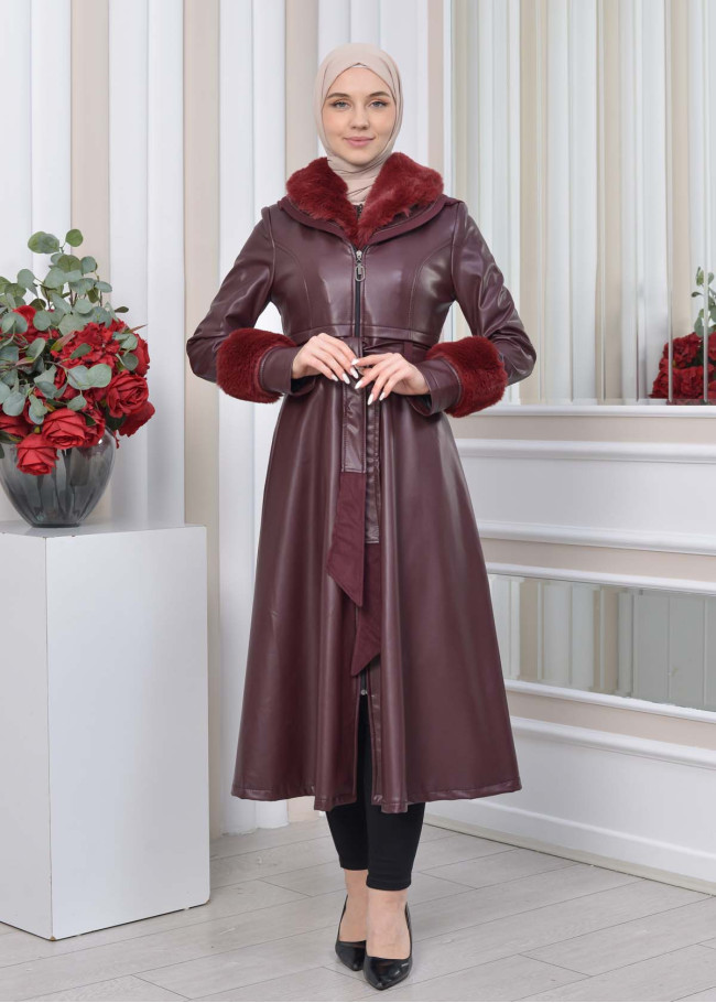 HOODED FUR SLEEVE BELT LEATHER TRENCH COAT 1350 Bordo