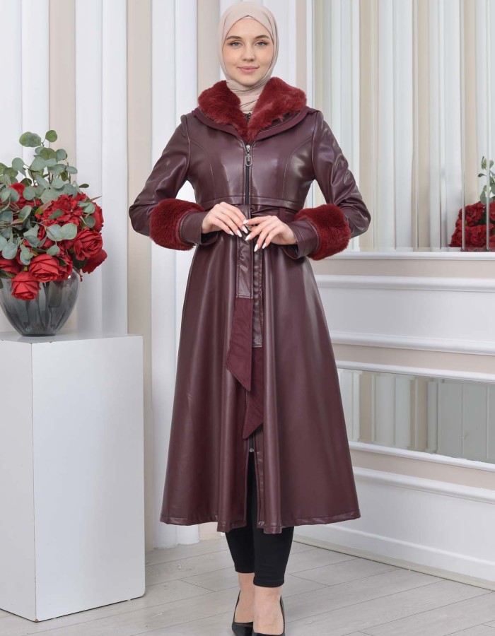 HOODED FUR SLEEVE BELT LEATHER TRENCH COAT 1350 Bordo