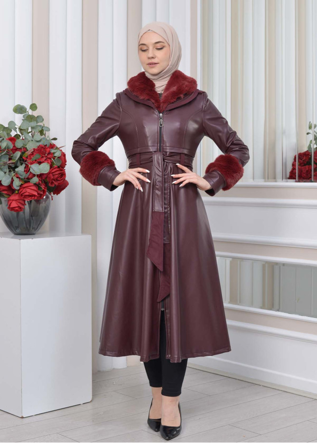 HOODED FUR SLEEVE BELT LEATHER TRENCH COAT 1350 Bordo