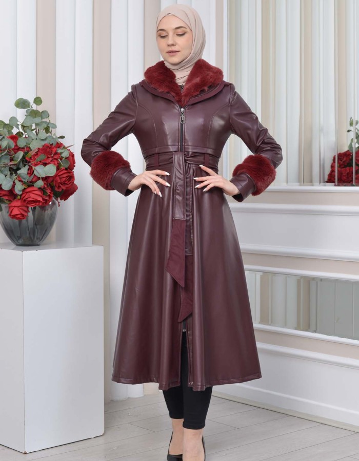 HOODED FUR SLEEVE BELT LEATHER TRENCH COAT 1350 Bordo
