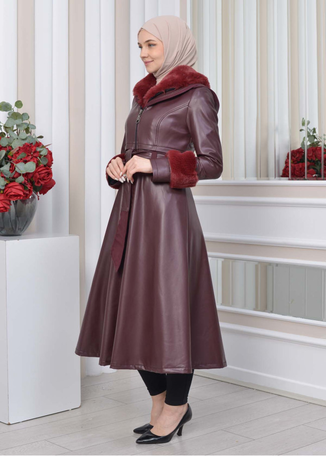 HOODED FUR SLEEVE BELT LEATHER TRENCH COAT 1350 Bordo