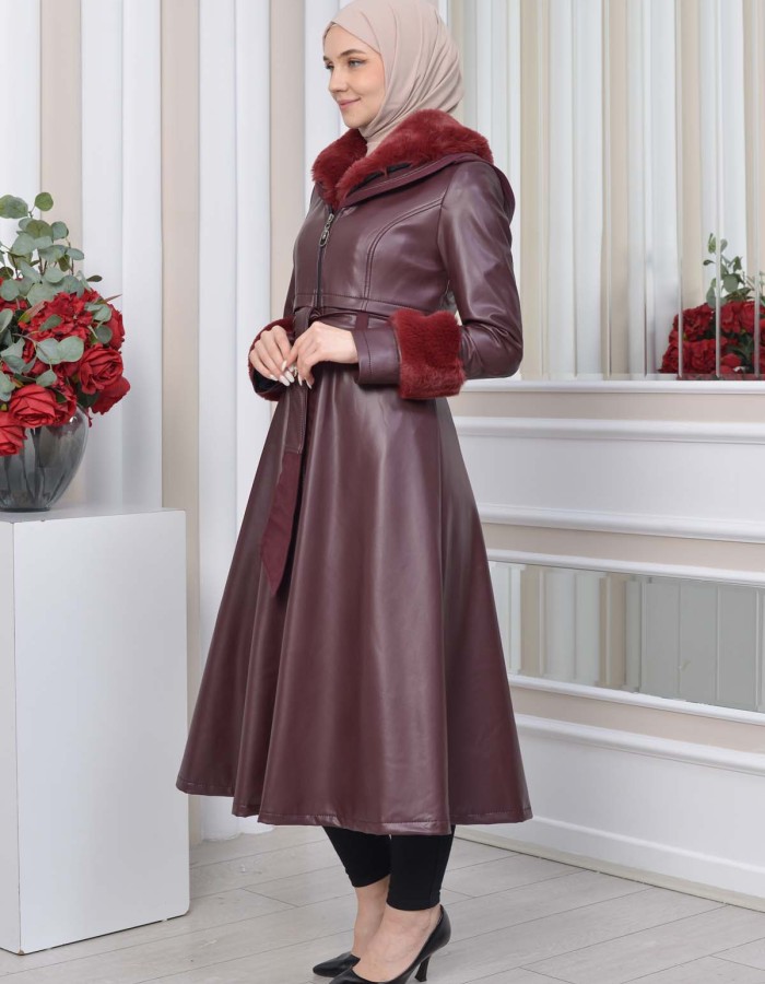 HOODED FUR SLEEVE BELT LEATHER TRENCH COAT 1350 Bordo