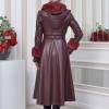 HOODED FUR SLEEVE BELT LEATHER TRENCH COAT 1350 Bordo