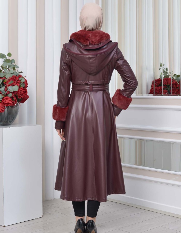 HOODED FUR SLEEVE BELT LEATHER TRENCH COAT 1350 Bordo
