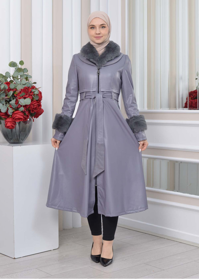 HOODED FUR SLEEVE BELT LEATHER TRENCH COAT 1350 Gri