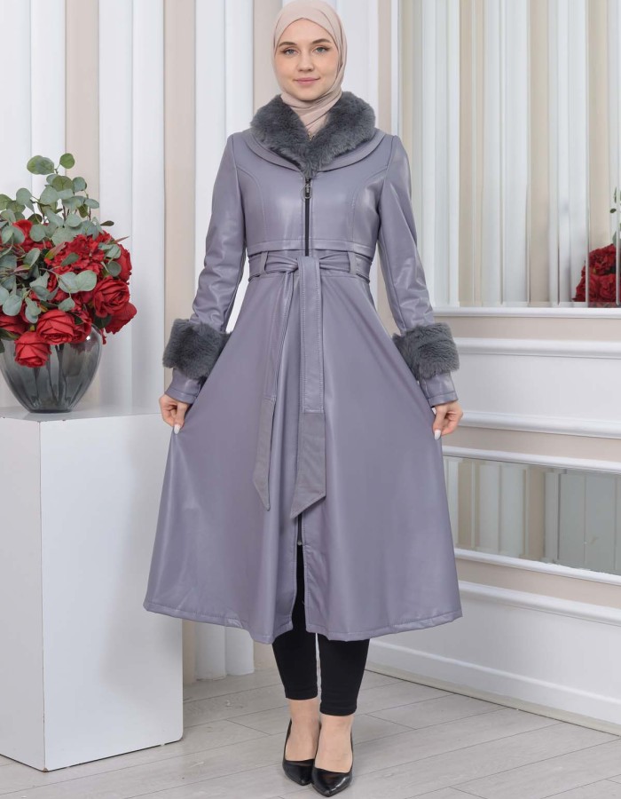 HOODED FUR SLEEVE BELT LEATHER TRENCH COAT 1350 Gri