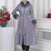HOODED FUR SLEEVE BELT LEATHER TRENCH COAT 1350 Gri