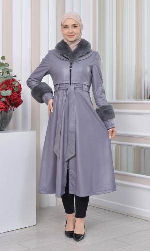 ترانشكوت جلد نسائي شتوي مع كبشون فرو 1350 - فضي