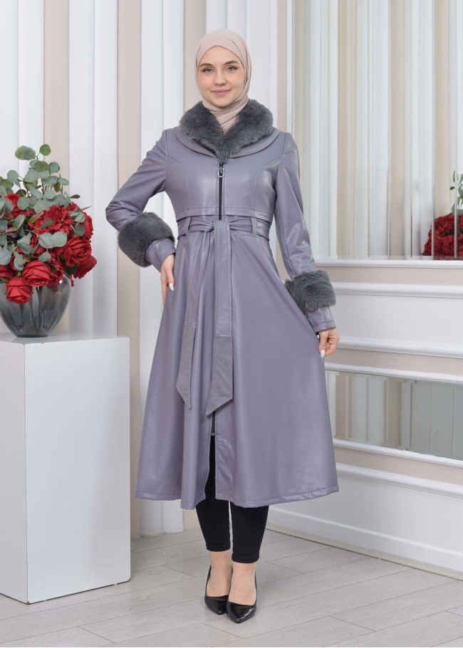 HOODED FUR SLEEVE BELT LEATHER TRENCH COAT 1350 Gri