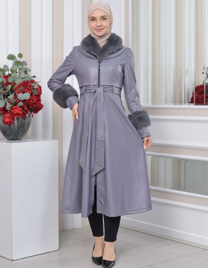 HOODED FUR SLEEVE BELT LEATHER TRENCH COAT 1350 Gri