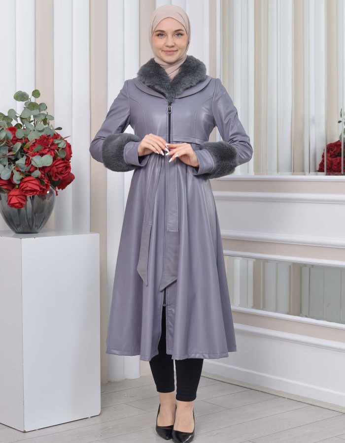 HOODED FUR SLEEVE BELT LEATHER TRENCH COAT 1350 Gri