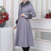 HOODED FUR SLEEVE BELT LEATHER TRENCH COAT 1350 Gri