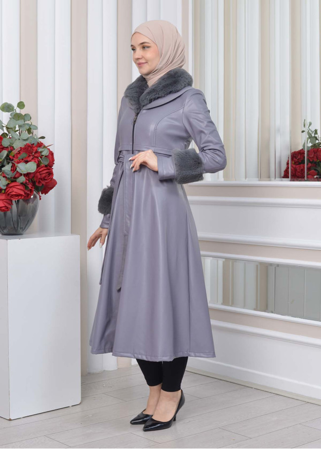 HOODED FUR SLEEVE BELT LEATHER TRENCH COAT 1350 Gri