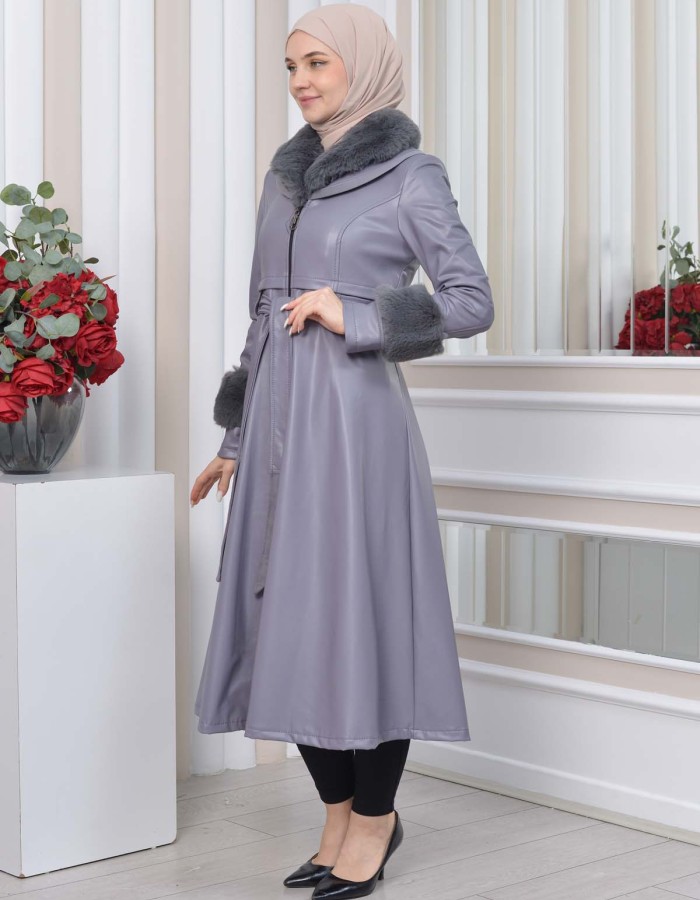 HOODED FUR SLEEVE BELT LEATHER TRENCH COAT 1350 Gri