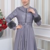 HOODED FUR SLEEVE BELT LEATHER TRENCH COAT 1350 Gri