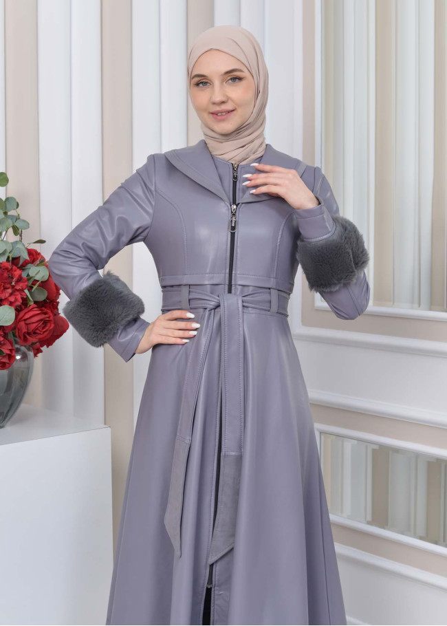 HOODED FUR SLEEVE BELT LEATHER TRENCH COAT 1350 Gri