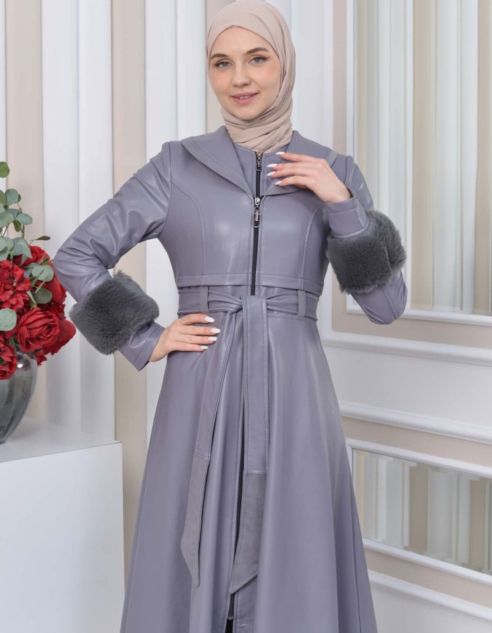 HOODED FUR SLEEVE BELT LEATHER TRENCH COAT 1350 Gri