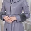 HOODED FUR SLEEVE BELT LEATHER TRENCH COAT 1350 Gri