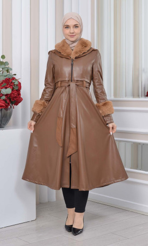 ترانشكوت جلد نسائي شتوي مع كبشون فرو 1350 - ترابي