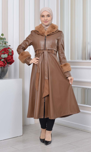 ترانشكوت جلد نسائي شتوي مع كبشون فرو 1350 - ترابي