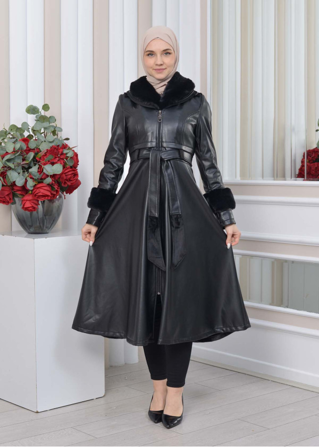 HOODED FUR SLEEVE BELT LEATHER TRENCH COAT 1350 Siyah