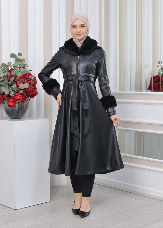 HOODED FUR SLEEVE BELT LEATHER TRENCH COAT 1350 Siyah