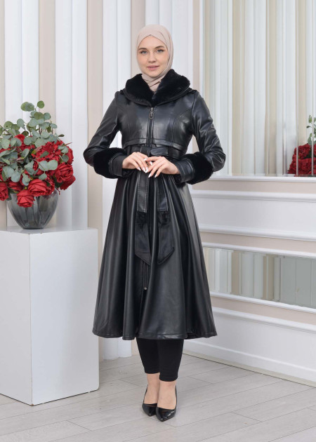 Double Cloche Treated Leather Trench Coat with Rabbit Fur Lining