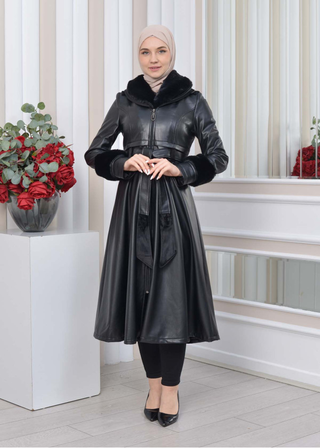 HOODED FUR SLEEVE BELT LEATHER TRENCH COAT 1350 Siyah