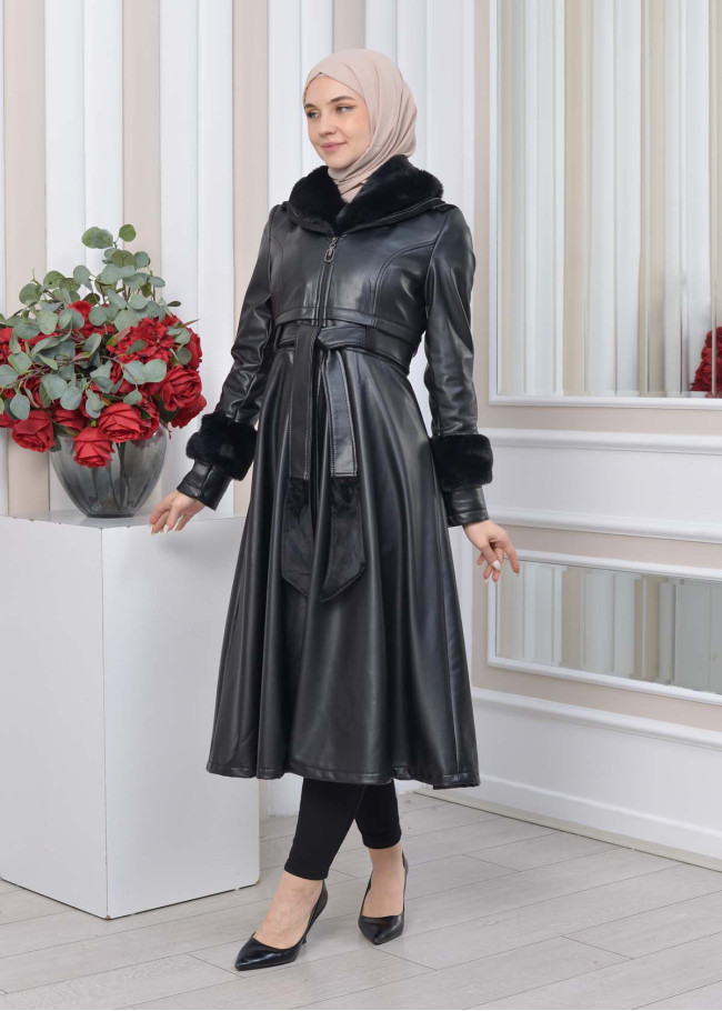 HOODED FUR SLEEVE BELT LEATHER TRENCH COAT 1350 Siyah